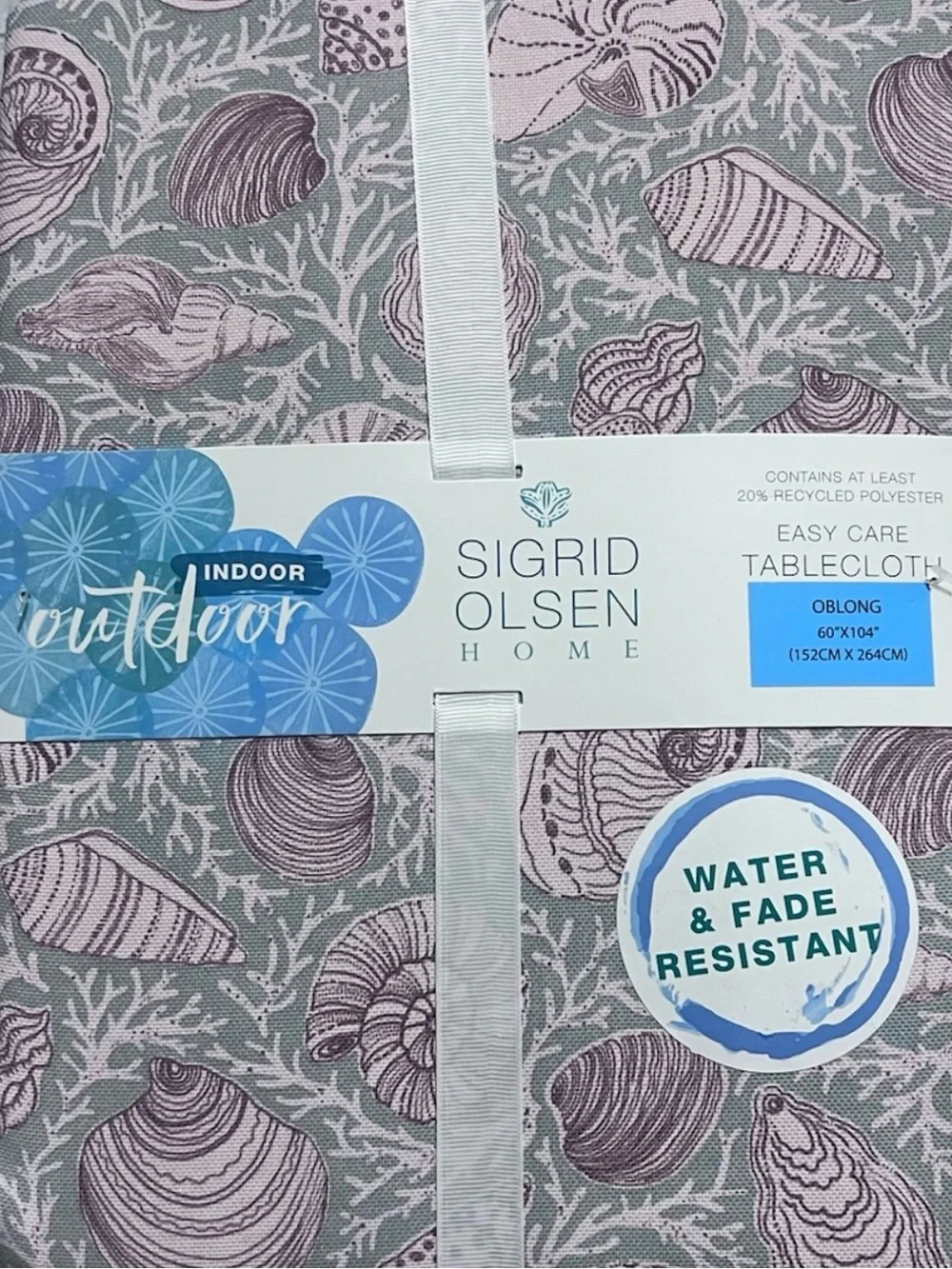 Sigrid Olsen 60x104 Oblong Tablecloth Blue Beige Shell Seashells Coral Outdoor